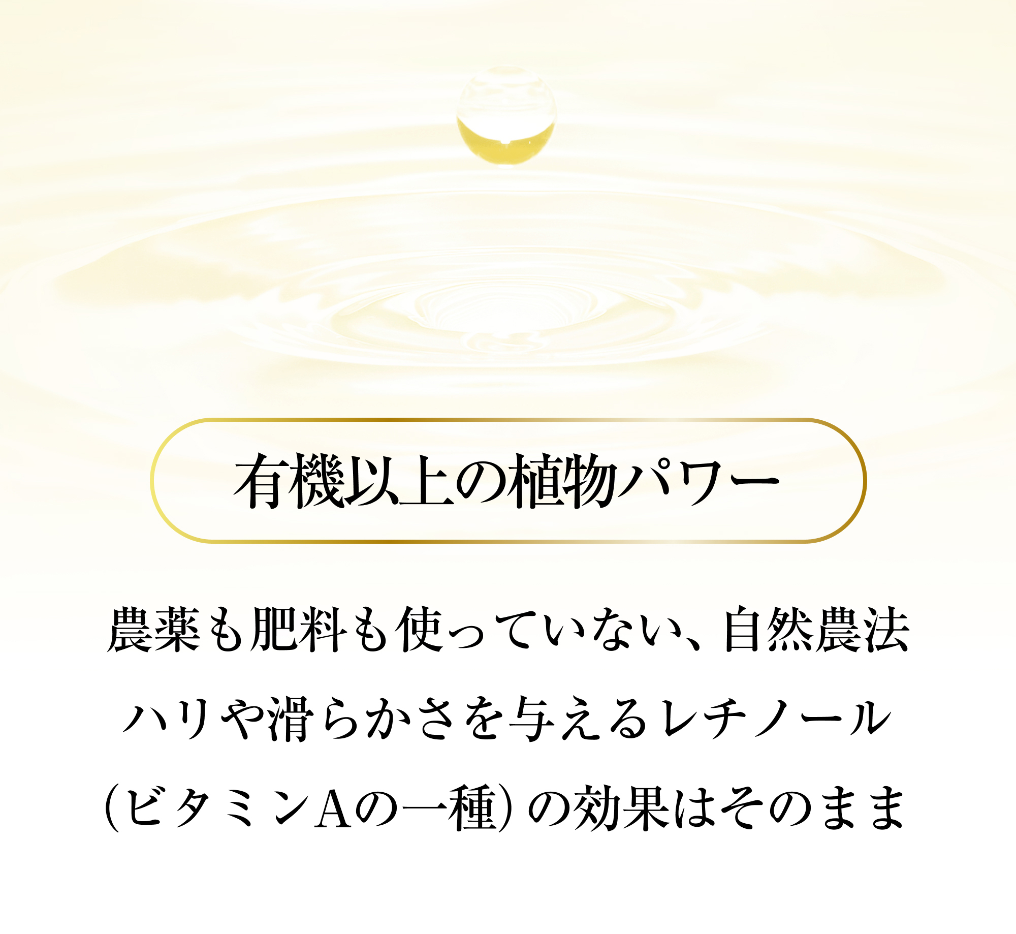 有機以上の植物パワー 農薬も肥料も使っていない、自然農法ハリや滑らかさを与えるレチノール（ビタミンAの一種）の効果はそのまま