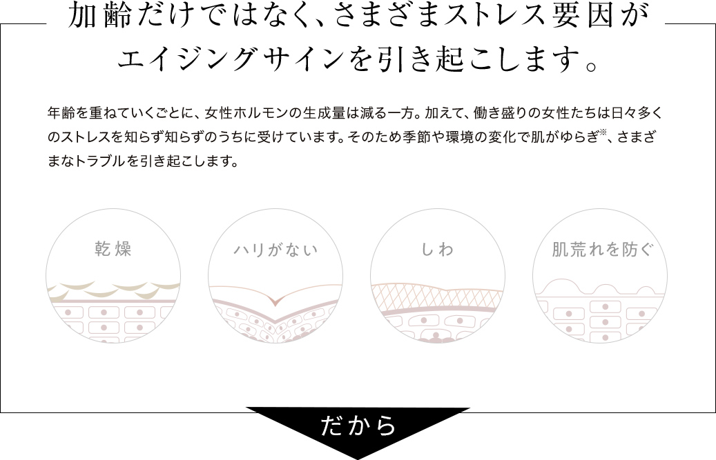 加齢だけではなく、さまざまストレス要因がエイジングサインを引き起こします。
